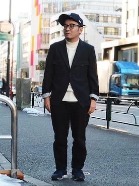 「Johnbull Private labo（ジョンブルプライベートラボ）のテーラードサファリジャケット（テーラードジャケット、ブルー系）」を使った、ASATAKUさん（メンズ・160cm）の冬コーディネート