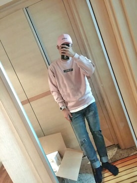 「sweatshirt」｜「アイテム（キャップ）」を使った、조민우さん（メンズ・181cm）の春コーディネート