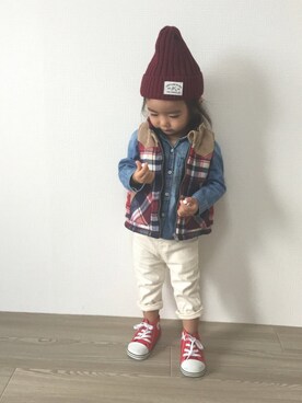 「アイテム（ベスト、レッド系）」を使った、anjuさん（キッズ・80cm）の秋コーディネート