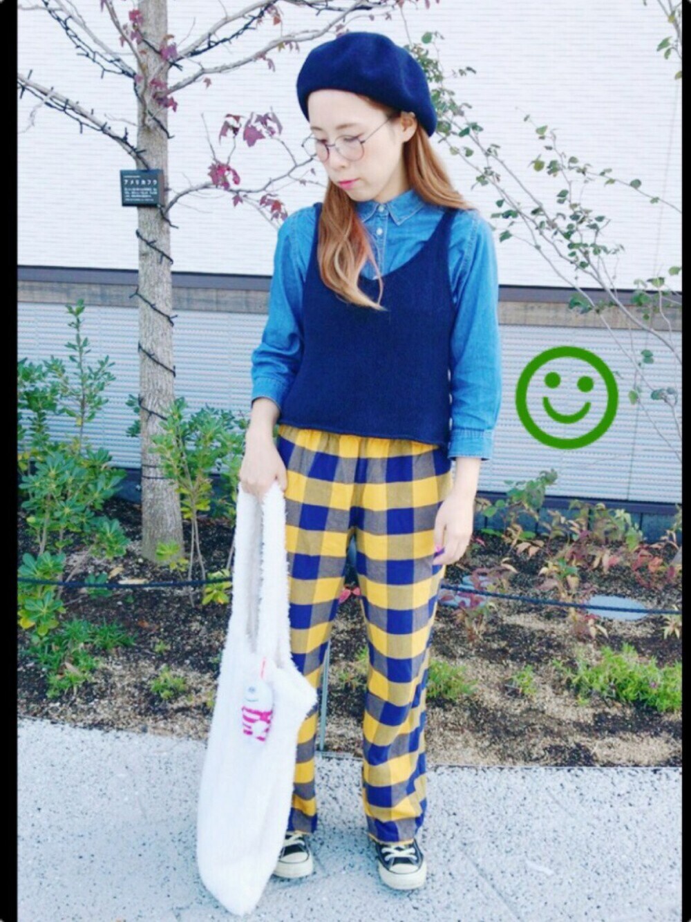 「UNIQLO、ネルパン、ベレー帽、ふわもこバッグ、めがね、メガネ女子、チビーズ✳︎」｜「UNIQLOのアイテム（パンツ、イエロー系）」を使った、ゆっこさん（レディース・152cm）の秋コーディネートの1枚目の写真