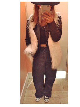 「FOREVER 21（フォーエバー トゥエンティーワン）のFOREVER 21 Faux Leather Moto Jacket（ライダースジャケット、ブラック系）」を使った、yuzu さん（レディース・163cm）の秋コーディネート
