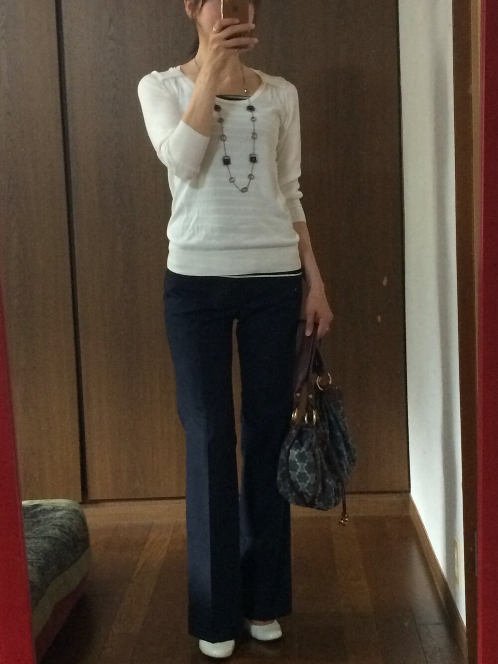 「COMME CA DU MODEのアイテム（ニット/セーター、ホワイト系）」を使った、m*☪さん（レディース・168cm）の夏コーディネートの1枚目の写真