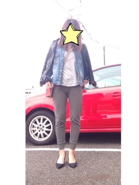 「スエット」｜「アイテム（ライダースジャケット）」を使った、Kaoriさん（レディース・162cm）の春コーディネート