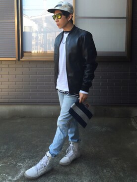 「BEN DAVIS（ベンデイビス）のアイテム（クラッチバッグ）」を使った、Hiさん（メンズ・169cm）の秋コーディネート