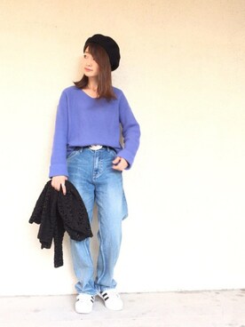 「無地党」｜「アイテム（ハンチング/ベレー帽）」を使った、moccoさん（レディース・156cm）の冬コーディネート