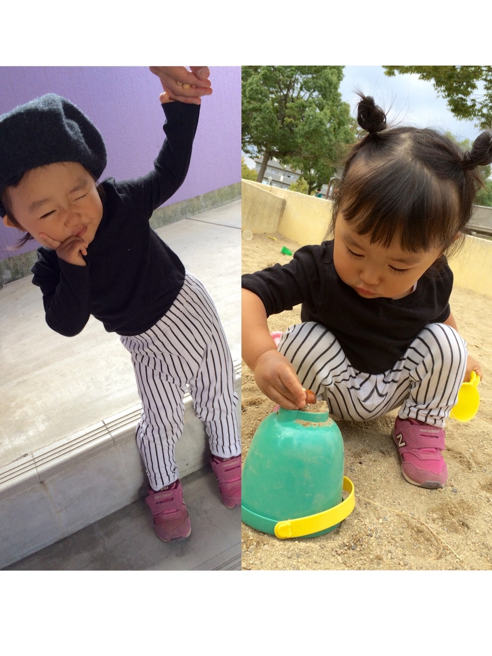 「誕生日、2歳、うさぎさんヘアー、ベレー帽、公園」｜「OLD NAVYのアイテム（Tシャツ/カットソー、ブラック系）」を使った、ANママさん（レディース・153cm）の秋コーディネートの1枚目の写真