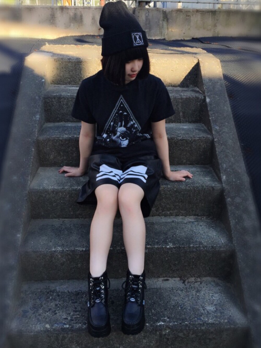 「THE TEST、LONG CLOTHING」｜「long clothingのアイテム（ニットキャップ/ビーニー、ブラック系）」を使った、甘党たれ目ちゃんさん（レディース・157cm）の夏コーディネートの1枚目の写真
