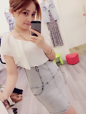 「荷葉袖氣質顯瘦拼接牛仔連身洋（ワンピース、ホワイト系）」を使った、路菲さん（レディース・151cm）の春コーディネート