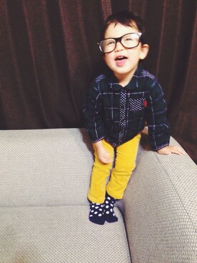 「Moujonjon（ムージョンジョン）のアイテム（シャツ/ブラウス、グリーン系）」を使った、YUUUUUTさん（キッズ・130cm）の秋コーディネート