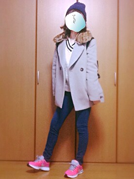 「ラインニット」｜「アイテム（チェスターコート）」を使った、おはしさん（レディース・157cm）の冬コーディネート