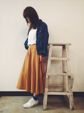 「アイテム（スカート、オレンジ系）」を使った、さとさん（レディース・157cm）の秋コーディネート