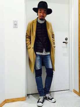 「オールスター」｜「アイテム（チェスターコート）」を使った、金城直輝さん（メンズ・170cm）の冬コーディネート