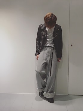 「ヒッコリー」｜「アイテム（ライダースジャケット）」を使った、ゆうたさん（メンズ・170cm）の秋コーディネート