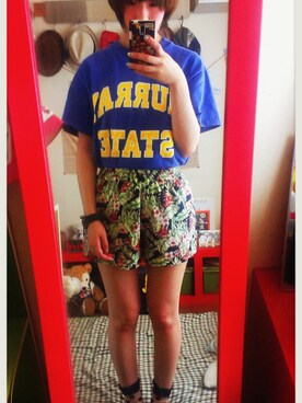 「Champion（チャンピオン）のアイテム（Tシャツ/カットソー、ブルー系）」を使った、ななみんさん（レディース・158cm）の夏コーディネート