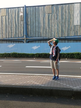 「w closet（ダブルクローゼット）のストライプ膝丈ハーフパンツ（パンツ、ブラック系）」を使った、ななみんさん（レディース・158cm）の夏コーディネート