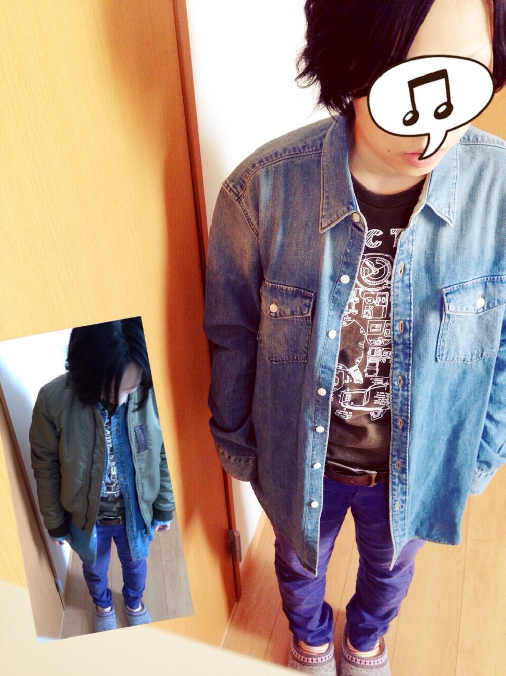 グリーン系のミリタリージャケット、グリーン系のTシャツ/カットソーを着用したレディースの春コーディネートの1枚目の写真