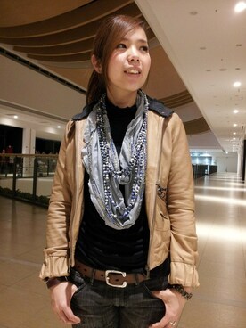 「レディース」｜「アイテム（ライダースジャケット）」を使った、kinukaさん（レディース・157cm）の冬コーディネート