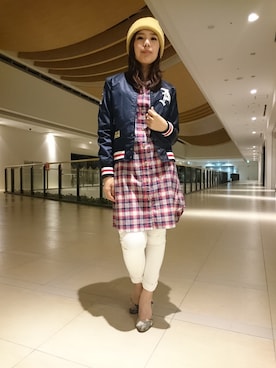 「アイテム（スタジャン）」を使った、kinukaさん（レディース・157cm）の春コーディネート