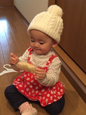 「アイテム（チュニック、レッド系）」を使った、ちゃんまーさん（レディース・80cm）の冬コーディネート