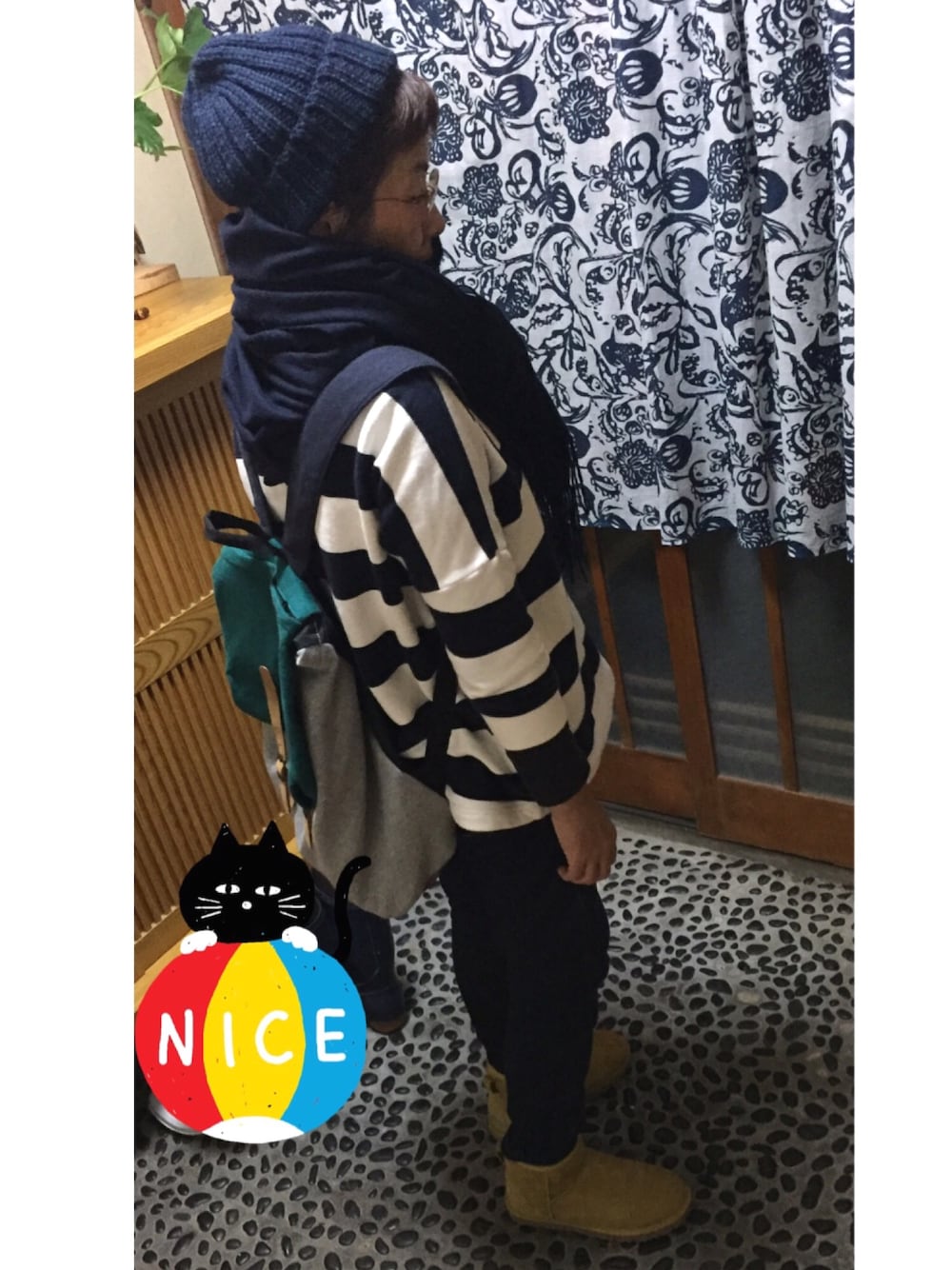 「シンプル、ボーイッシュ、ボーダー」｜「ara・araのアイテム（スウェット、ホワイト系）」を使った、rukoさん（レディース・150cm）の秋コーディネートの1枚目の写真