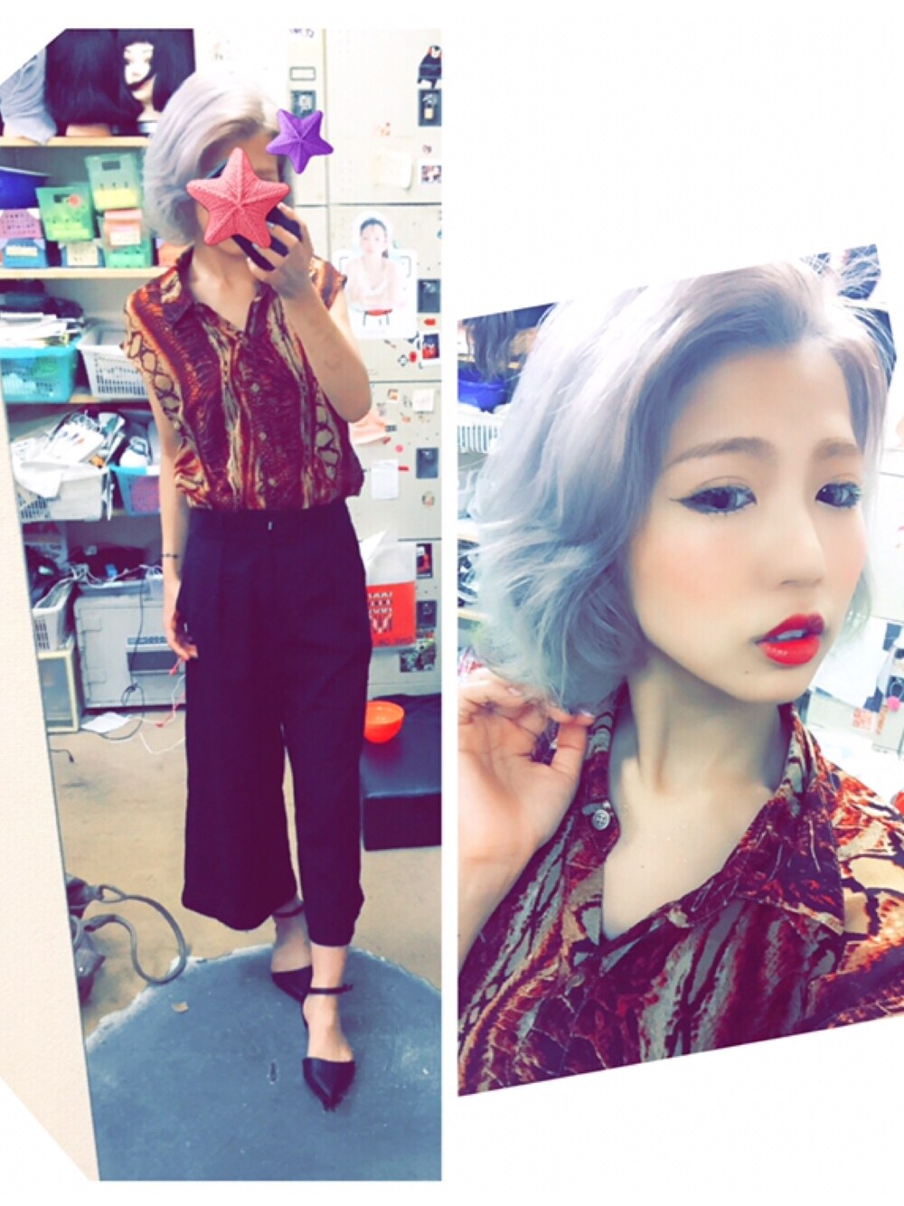「ママコーデ、80s、used、ガウチョパンツ、フェススタイル、パンプス、派手、ヘアアレンジ、赤、赤リップ」｜「H&Mのアイテム（パンプス、ブラック系）」を使った、Yuri mom.♡さん（レディース・156cm）の夏コーディネートの1枚目の写真