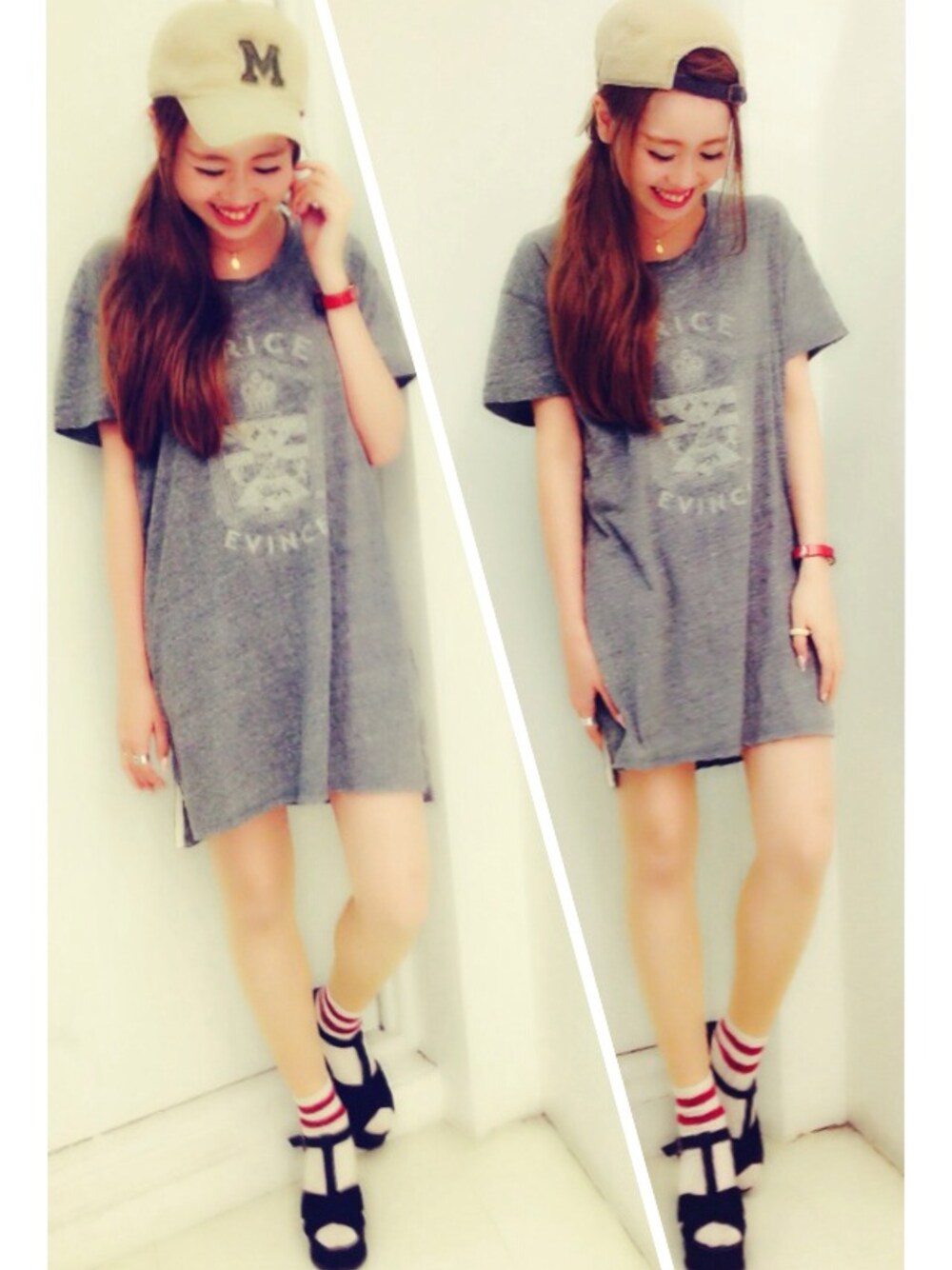 グレー系のワンピース、ベージュ系のキャップを着用したレディースの夏コーディネートの1枚目の写真