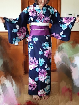 「お母さんの手作りのアイテム（浴衣、ブルー系）」を使った、Chikaさん（レディース・160cm）の夏コーディネート