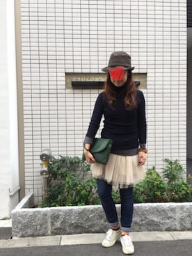 「アイテム（クラッチバッグ）」を使った、田中さん（レディース・155cm）の冬コーディネート