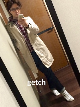 「ボーダーソックス」｜「アイテム（ステンカラーコート）」を使った、getchさん（メンズ・175cm）の春コーディネート