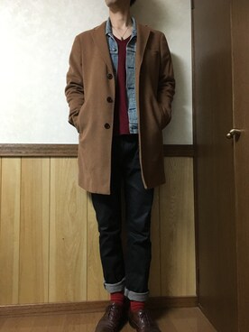 「静岡」｜「アイテム（チェスターコート）」を使った、おがさん（メンズ・179cm）の秋コーディネート
