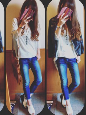 「Ungrid（アングリッド）のインディゴフレイドヘムストスリ（デニムパンツ）」を使った、やーみんさん（レディース・164cm）の春コーディネート