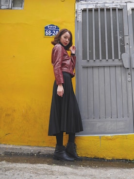 「オルチャンファッション」｜「アイテム（ライダースジャケット）」を使った、黒田真友香さん（レディース・165cm）の秋コーディネート