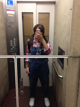 「no brand（ノーブランド）のアイテム（サロペット/オーバーオール、ブルー系）」を使った、U∃P☺︎さん（レディース・151cm）の秋コーディネート