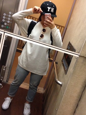 「GU（ジーユー）のアイテム（スウェット、ホワイト系）」を使った、U∃P☺︎さん（レディース・151cm）の秋コーディネート