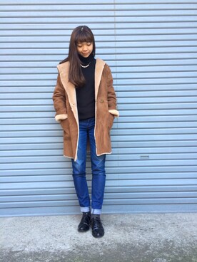 「黒タートルネック」｜「アイテム（ムートンコート）」を使った、chizuruさん（レディース・158cm）の冬コーディネート