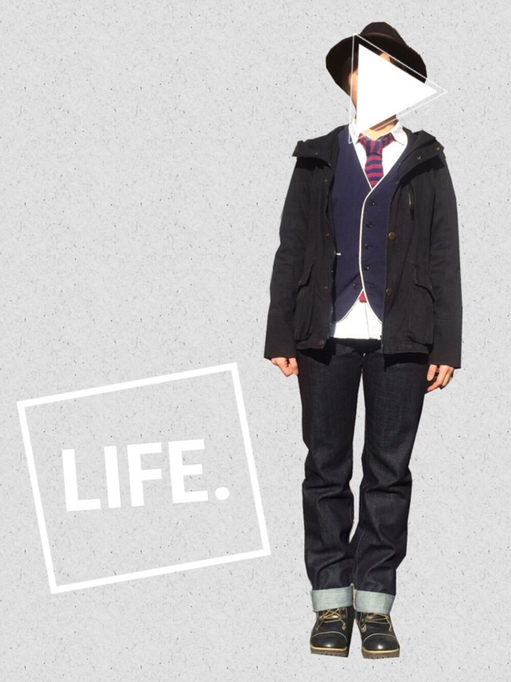 レッド系のネクタイ、その他のデニムパンツ、ブラック系のその他アウターを着用したレディースの冬コーディネートの1枚目の写真