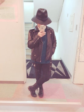 「no brand（ノーブランド）のアイテム（ライダースジャケット、ブラック系）」を使った、Hatthiさん（レディース・152cm）の秋コーディネート