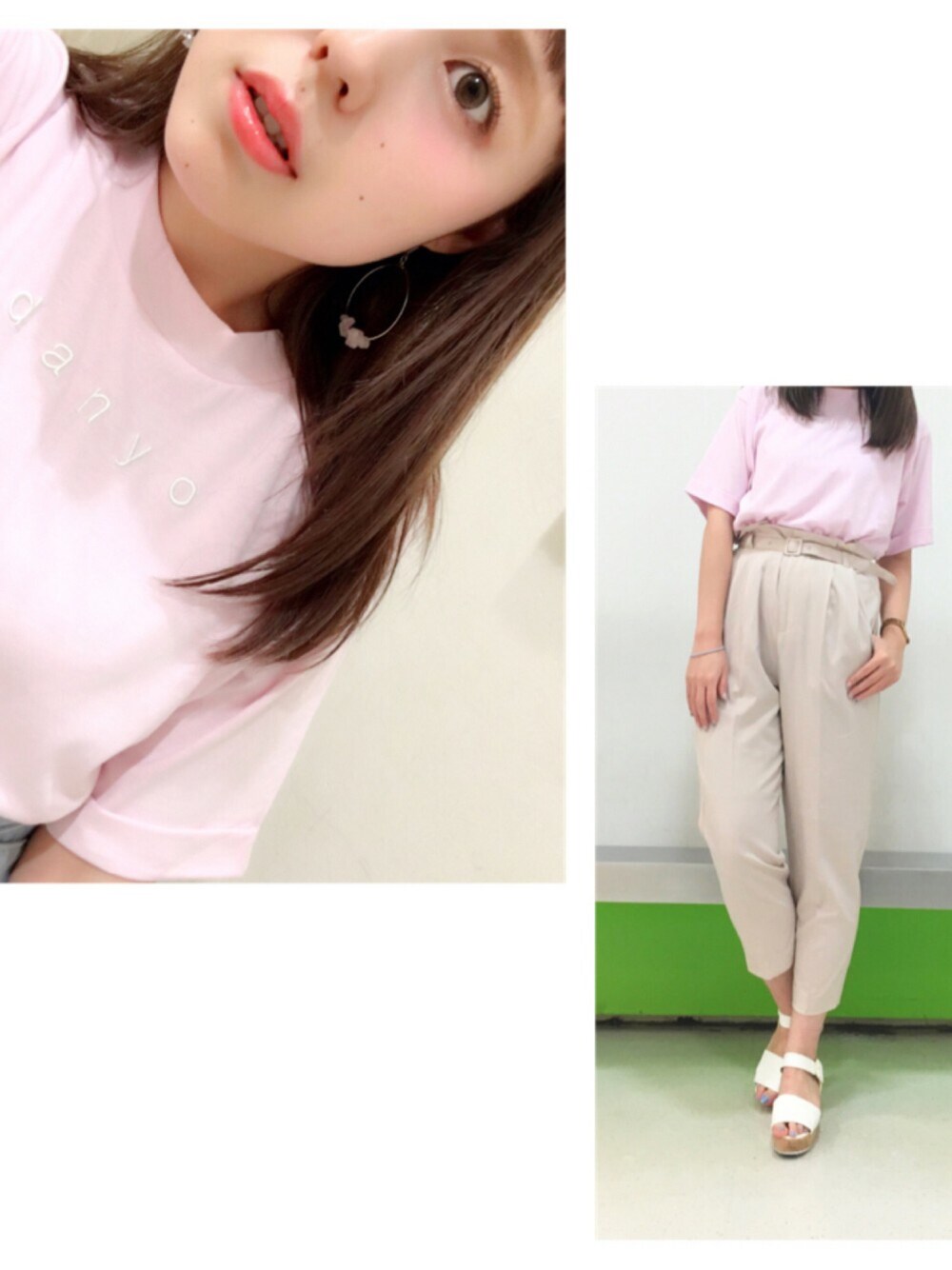「ラフ、ロゴT、オトナカジュアル、Tシャツ、シンプルコーデ、春コーデ、nice claup、ピンク、ベージュ、ゆるコーデ」｜「one after another NICE CLAUPのアイテム（パンツ、ベージュ系）」を使った、yoshiko Takayamaさん（レディース・165cm）の春コーディネートの1枚目の写真