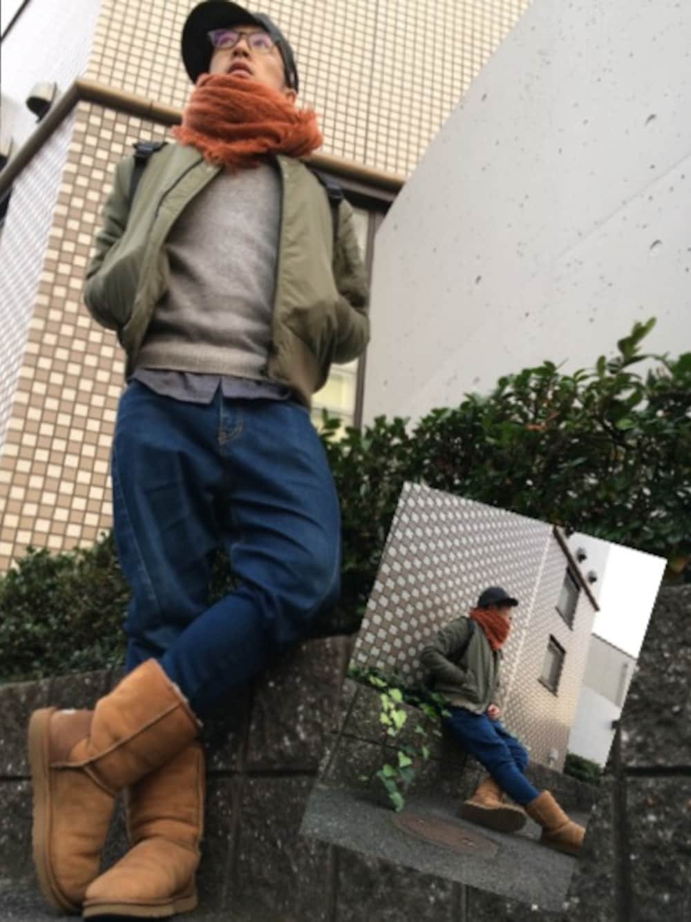 「MA-1、ブーツイン、ムートンブーツ、ニット、大判ストール、キャップ、黒縁メガネ、UNIQLO」｜「niko and...のNミリタリーブルゾン【niko and...】（ブルゾン、グリーン系）」を使った、Dai.Tさん（メンズ・161cm）の秋コーディネートの1枚目の写真