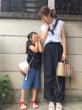 「niko and...（ニコアンド）のオリジナル ミニラインテープカゴバッグ【niko and...】（かごバッグ）」を使った、くまきみかさん（レディース・152cm）の夏コーディネート