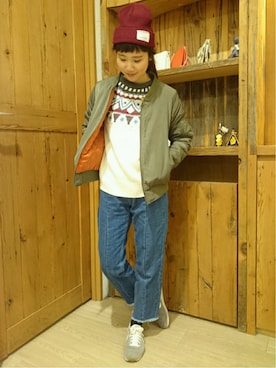 「カットオフ」｜「アイテム（帽子）」を使った、ミタさん（レディース・159cm）の冬コーディネート