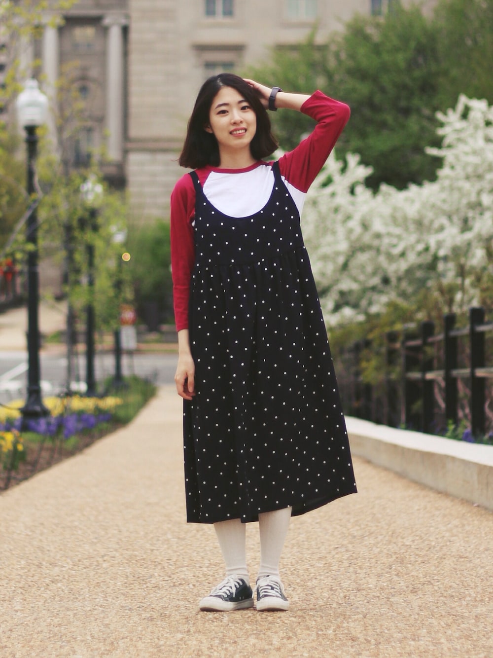 「dot、onepiece、long onepiece、ラグランTシャツ、MUJI、スニーカー」｜「AMONGのアイテム（ワンピース、ブラック系）」を使った、MINIPA (ミニーパー!)さん（レディース・153cm）の夏コーディネートの1枚目の写真