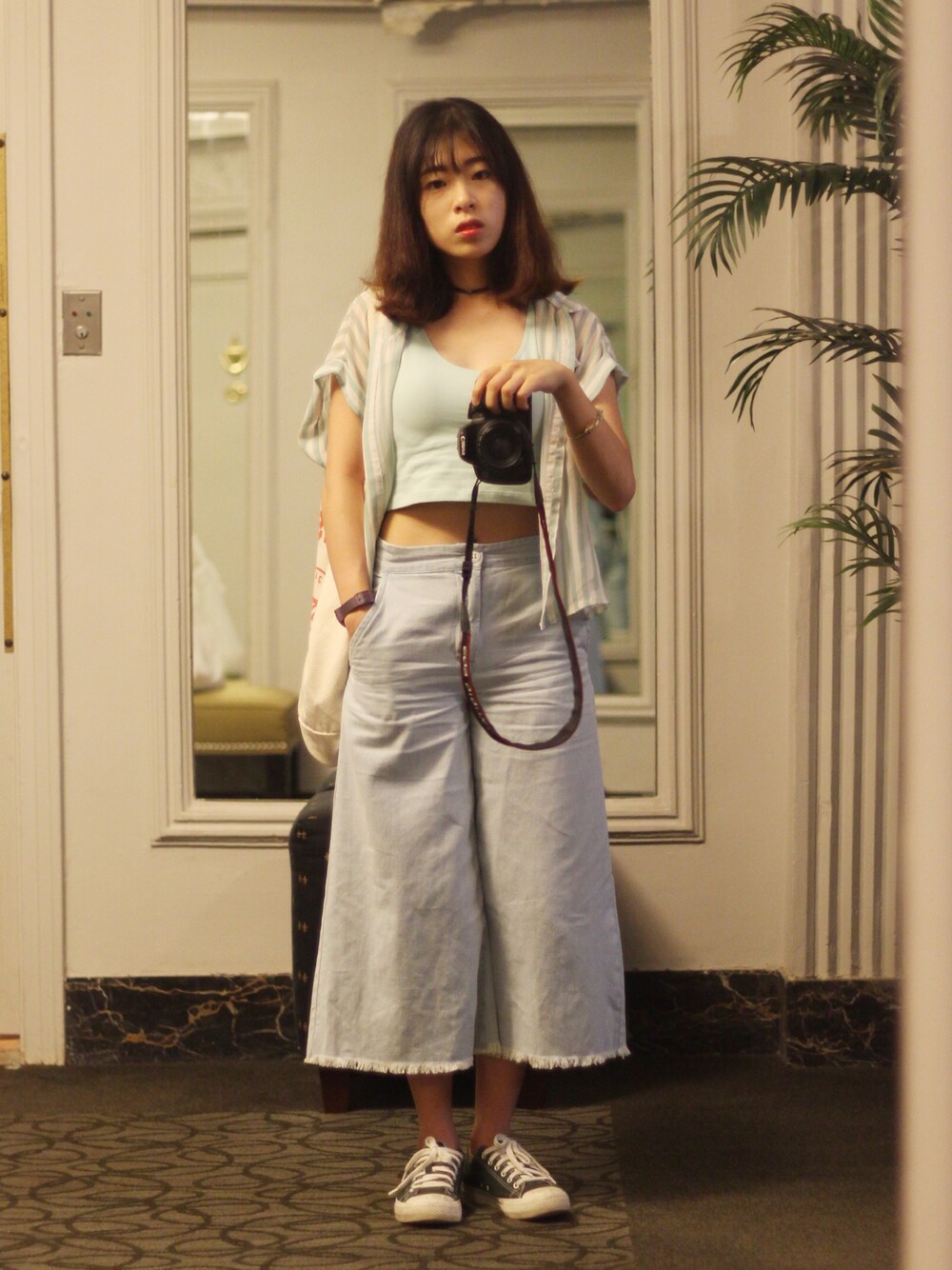 「FOREVER 21、American Apparel、アメアパ、夏、シンプル、キュロット、デニム、チョーカー、brownbreath、無印良品」｜「FOREVER 21のアイテム（デニムパンツ、ブルー系）」を使った、MINIPA (ミニーパー!)さん（レディース・155cm）の夏コーディネートの1枚目の写真