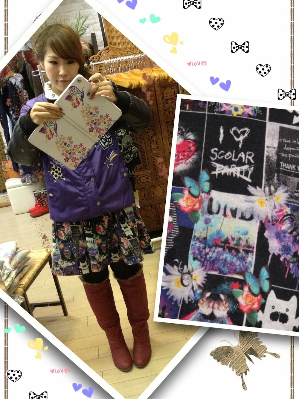 「スポーティ、スタジャン、シャツスタイル、スカート、紫、黒、赤、蝶々柄、重ね着」｜「ScoLarのアップリケナイロンスタジャン（スタジャン、パープル系）」を使った、ScoLar_nara_GOOFYさん（レディース・155cm）の冬コーディネートの1枚目の写真
