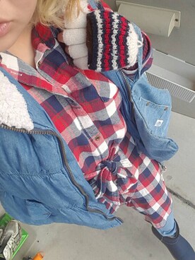 「アイテム（シャツワンピース、レッド系）」を使った、ぶちこデブさんさん（レディース・161cm）の冬コーディネート