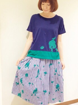 「POU DOU DOU（プードゥドゥ）のギンガムシルエットprintタックギャザースカート（スカート、ブルー系）」を使った、ホシさん（レディース・160cm）の春コーディネート