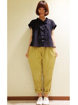 「POU DOU DOU（プードゥドゥ）のとりポケットタックパンツ（その他パンツ、イエロー系）」を使った、ホシさん（レディース・160cm）の春コーディネート