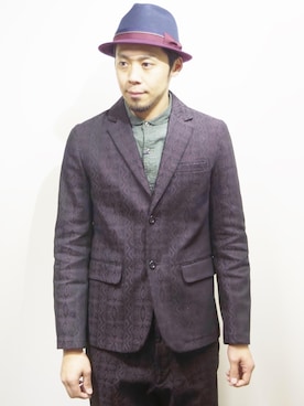「アイテム（ノーカラージャケット、パープル系）」を使った、ロケットシップさん（メンズ・182cm）の秋コーディネート
