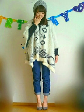 「JEANASIS（ジーナシス）のアイテム（ポンチョ）」を使った、k.m♡mamaさん（レディース・156cm）の秋コーディネート