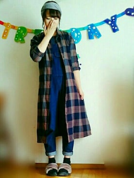 「チェックシャツワンピース」｜「アイテム（サロペット/オーバーオール）」を使った、k.m♡mamaさん（レディース・156cm）の秋コーディネート
